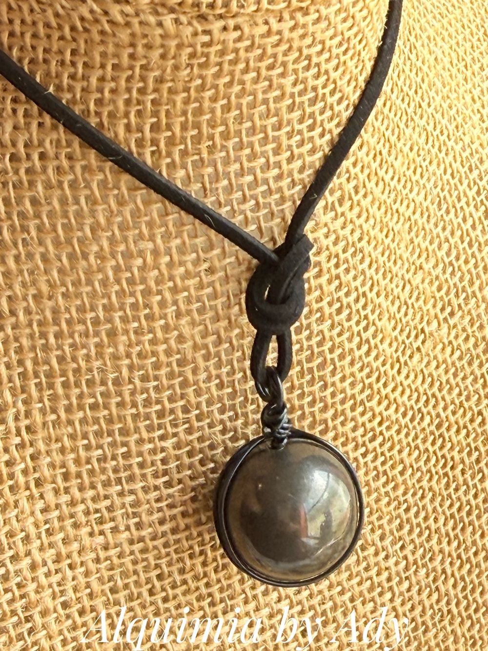 Black Leather Necklace with Dark Metallic Hematite Sphere